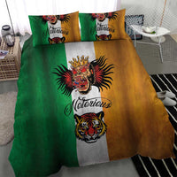 Tattoo-style bedding set featuring green/tan paneling with gray stripe and king and tiger head graphics