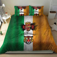 Tattoo-style bedding set with green side, tan side, gray stripe, and tiger and crowned head artwork