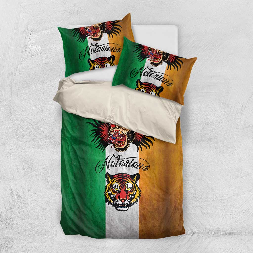 Tattoo-style bedding set with green and tan panels, gray middle stripe, and animal head designs