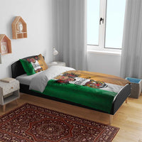 Tattoo-style bedding set with green-and-tan duvet panels and gray stripe, tiger and crowned head artwork