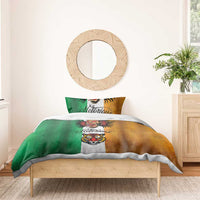Tattoo-style bedding set with green/tan duvet panels, gray stripe, and animal head graphic