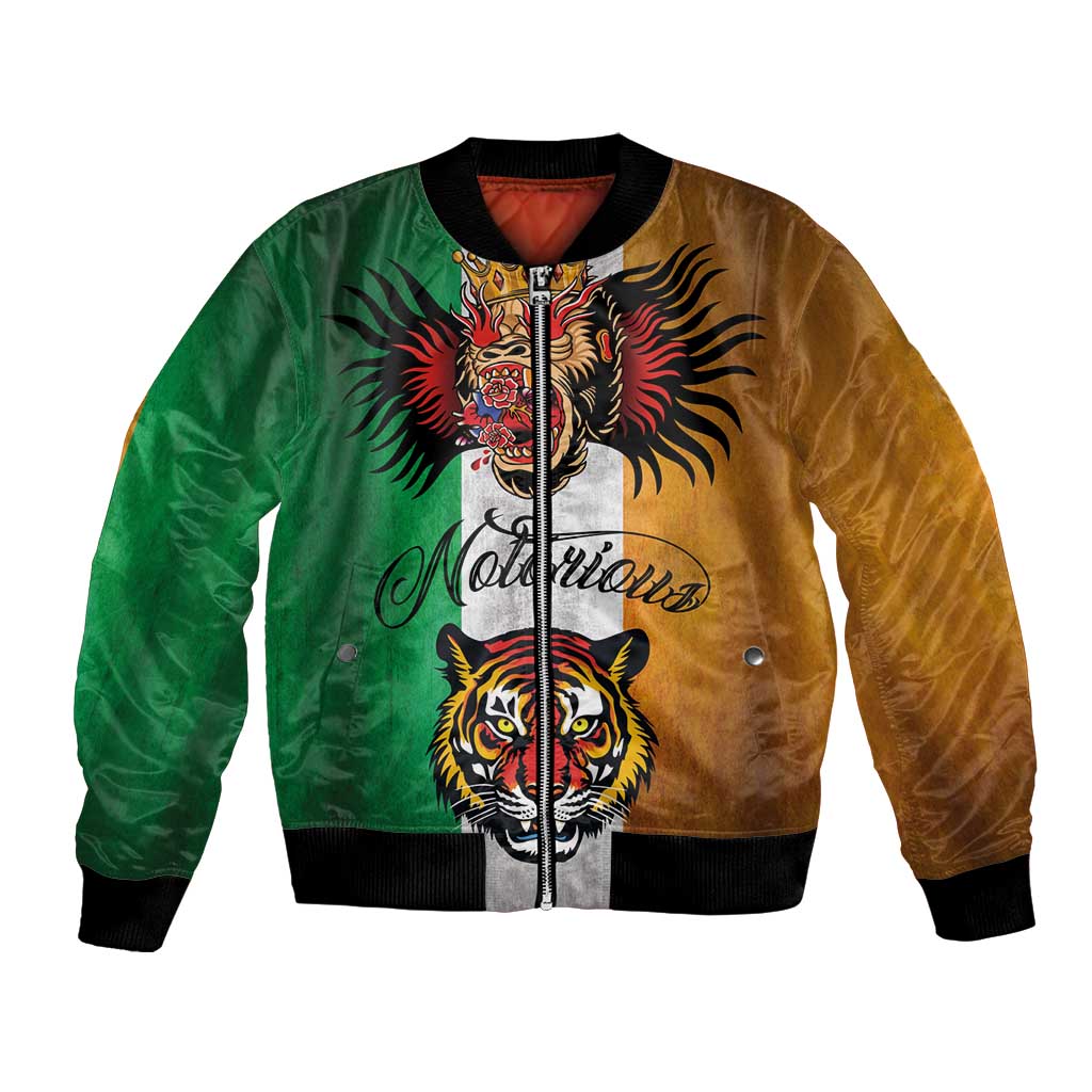 Bomber jacket with full front graphic, green and tan panels, zip front, ribbed cuffs