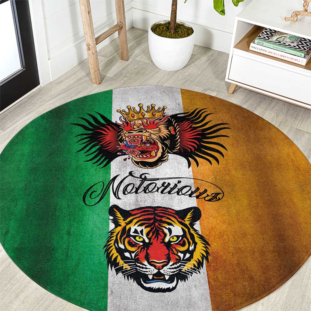 Round rug with green/brown grunge tiger face, lion crest, and “Notorious” script
