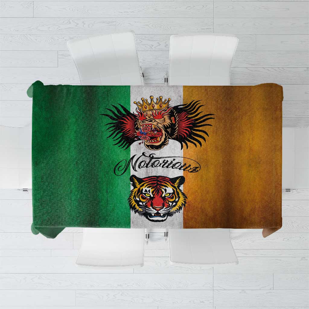 Rectangular grunge tablecloth with green and brown blocks, gray panel, tattoo-style tiger and “Notorious”