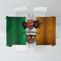 Rectangular grunge tablecloth with green and brown blocks, gray panel, tattoo-style tiger and “Notorious”
