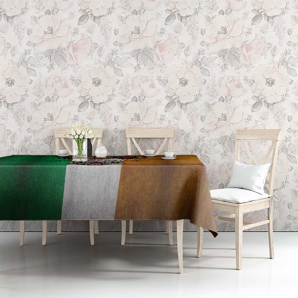 Rectangular grunge tablecloth on table with green and brown halves plus a gray panel graphic