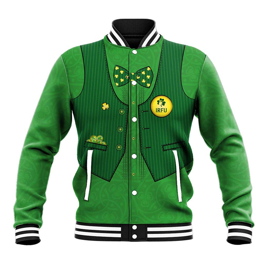 Green varsity baseball jacket with striped ribbed collar cuffs and IRFU-style patch