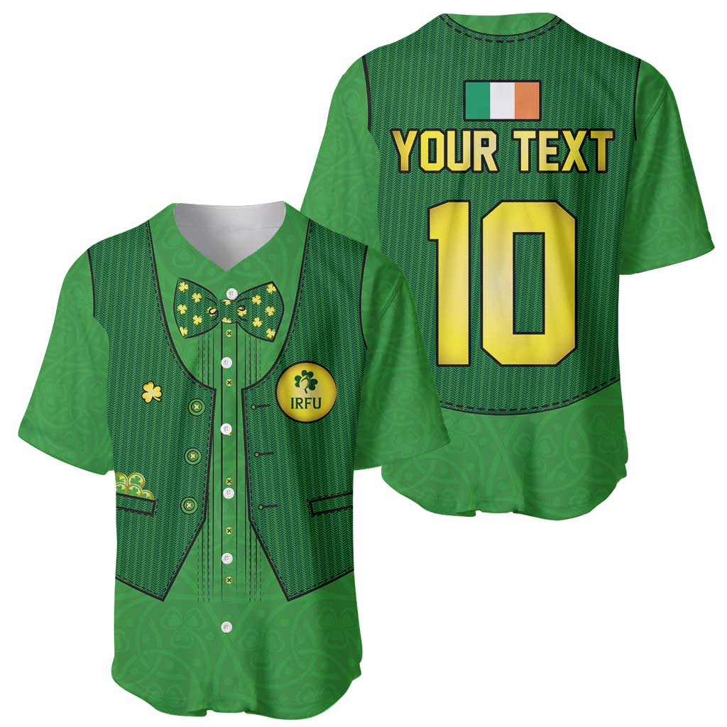 Green rugby-style jersey front and back: bow tie front, Irish flag patch and number 10