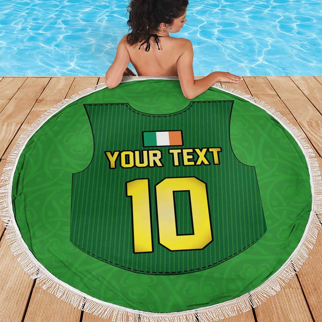 Green round beach blanket with fringe, jersey graphic showing number 10 and your text