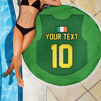 Green round beach blanket with fringe, jersey graphic with number 10 and your text, poolside