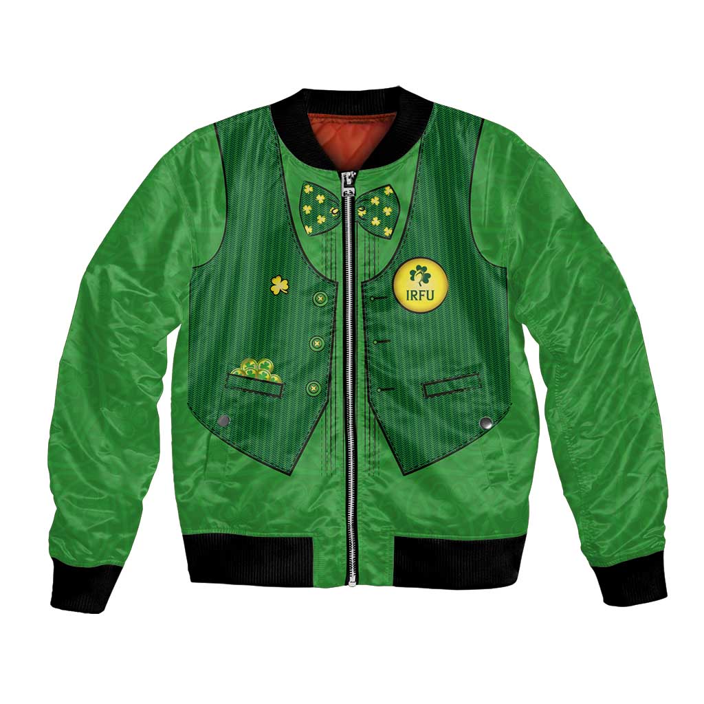 Green bomber jacket with black ribbed collar, striped gilet front, IRFU logo and buttons