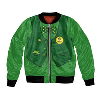Green bomber jacket with black ribbed collar, striped gilet front, IRFU logo and buttons