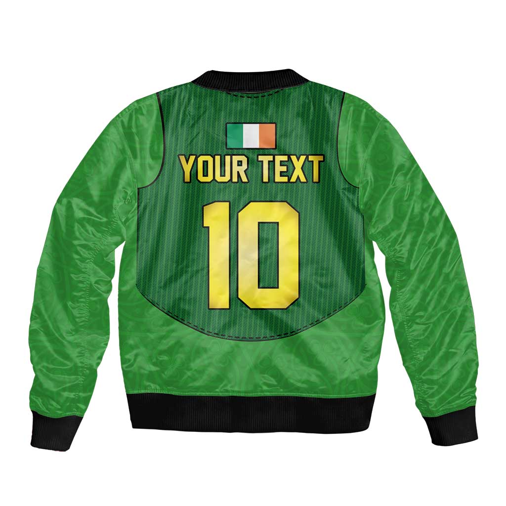 Green bomber jacket back with black ribbed trim, “YOUR TEXT” and large number 10 design