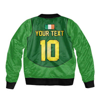 Green bomber jacket back with black ribbed trim, “YOUR TEXT” and large number 10 design