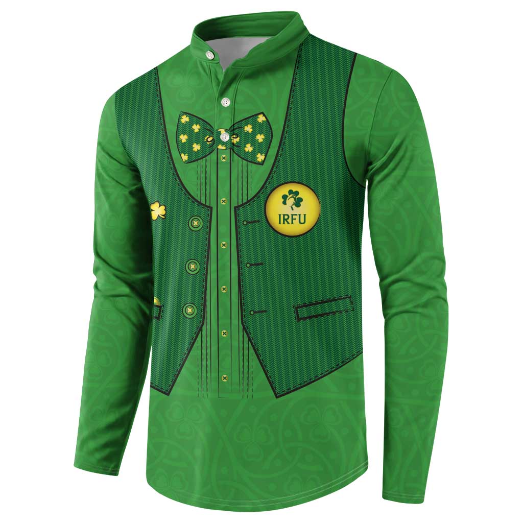 Green rugby button sweatshirt, IRFU round badge and decorated chest gilet panels