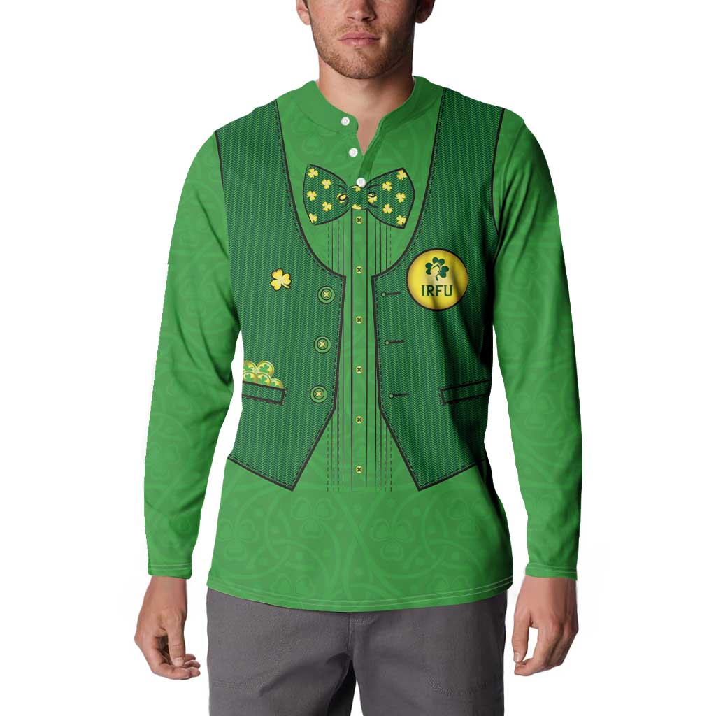 Green rugby button sweatshirt front with IRFU badge and decorative shamrock panels