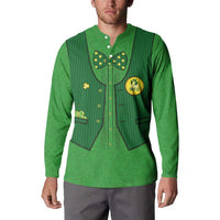 Green rugby button sweatshirt front with IRFU badge and decorative shamrock panels