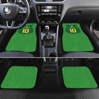 Green rugby-style car floor mats with "Your Text 10" graphic, set of 2 (front)