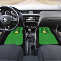Green rugby-style car floor mats with "Your Text 10" logo, set of 2 (front)