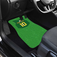 Green rugby-style car floor mat with "Your Text 10" graphic, positioned on seat area