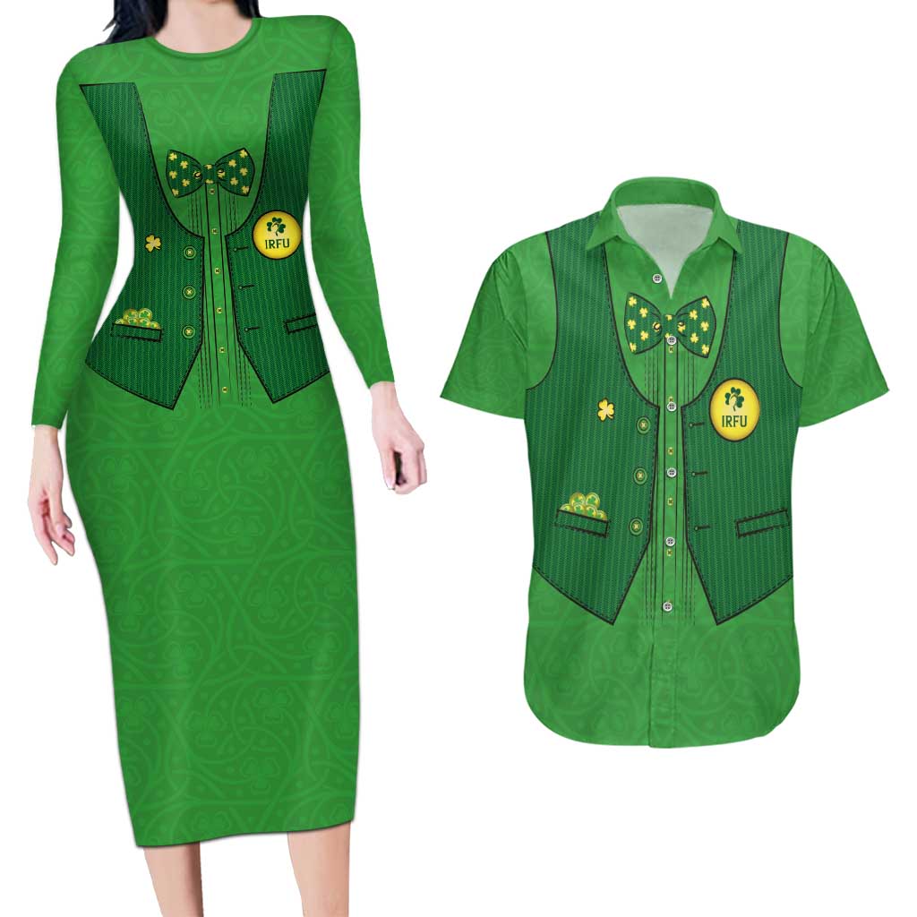 Custom Irish Rugby Couples Matching Long Sleeve Bodycon Dress and Hawaiian Shirt St Patrick's Day Style - Gilet Costume