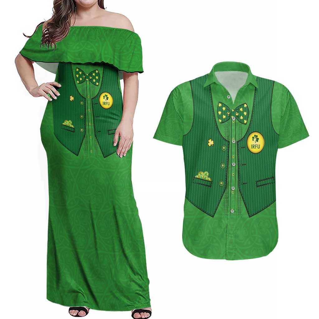 Custom Irish Rugby Couples Matching Off Shoulder Maxi Dress and Hawaiian Shirt St Patrick's Day Style - Gilet Costume