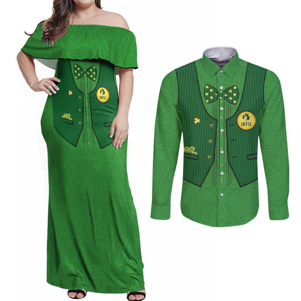 Custom Irish Rugby Couples Matching Off Shoulder Maxi Dress and Long Sleeve Button Shirt St Patrick's Day Style - Gilet Costume