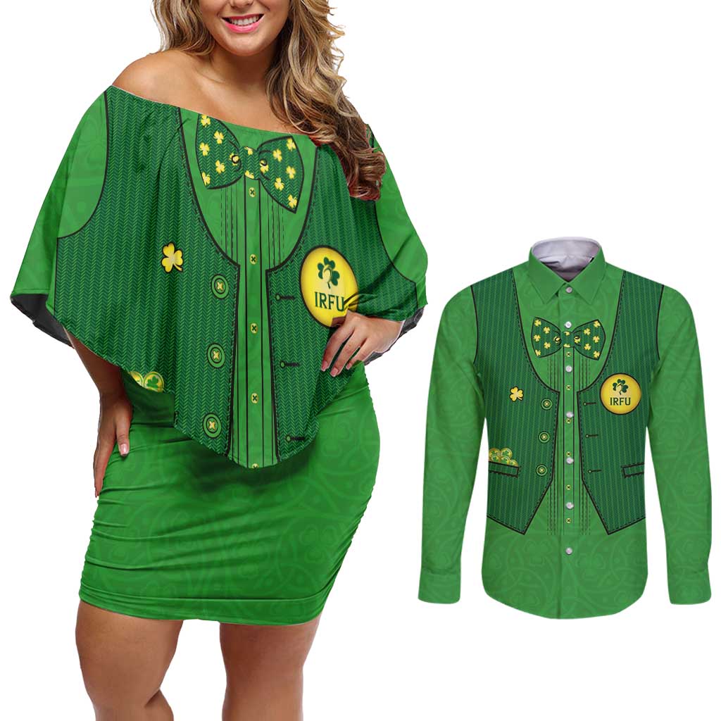 Custom Irish Rugby Couples Matching Off Shoulder Short Dress and Long Sleeve Button Shirt St Patrick's Day Style - Gilet Costume