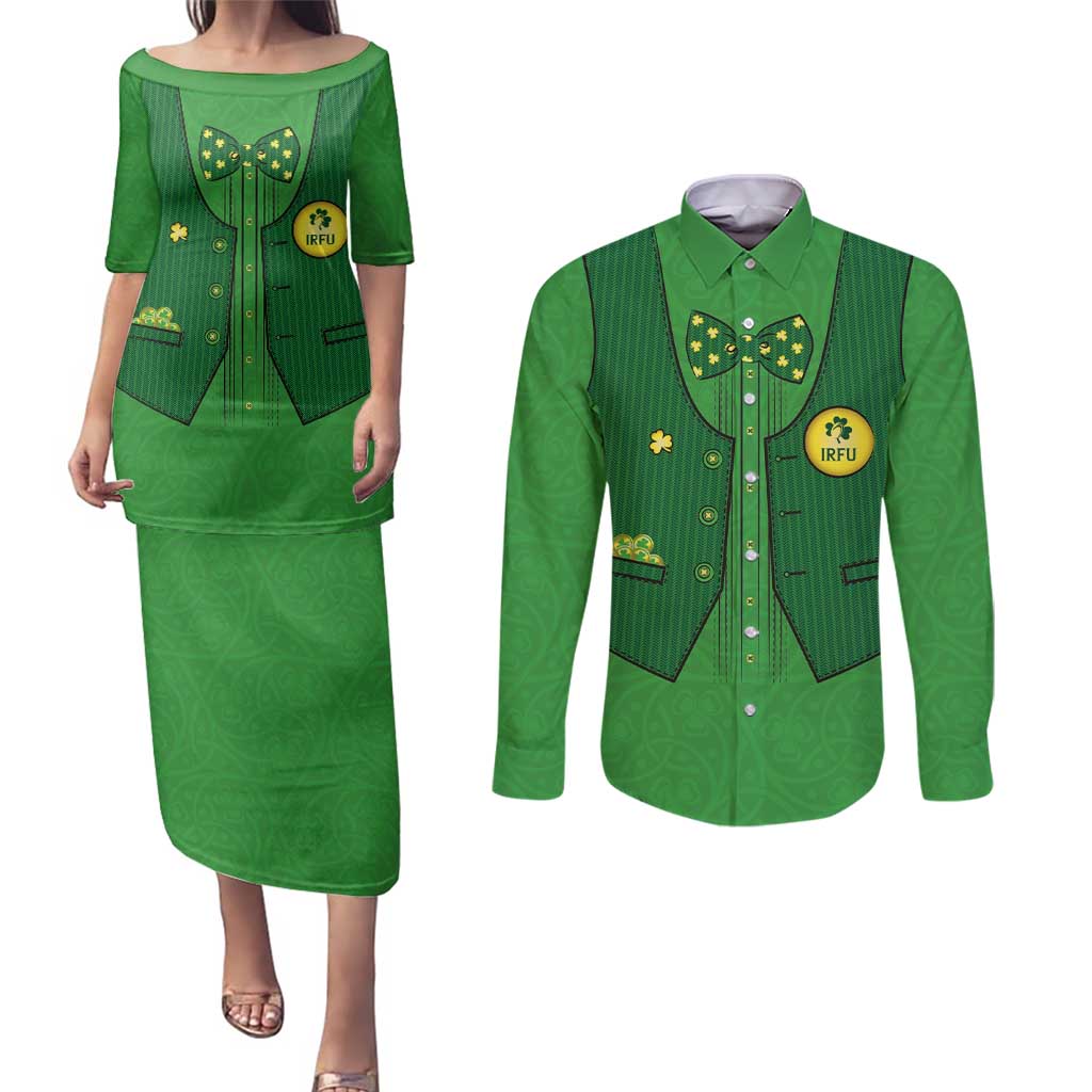 Custom Irish Rugby Couples Matching Puletasi and Long Sleeve Button Shirt St Patrick's Day Style - Gilet Costume