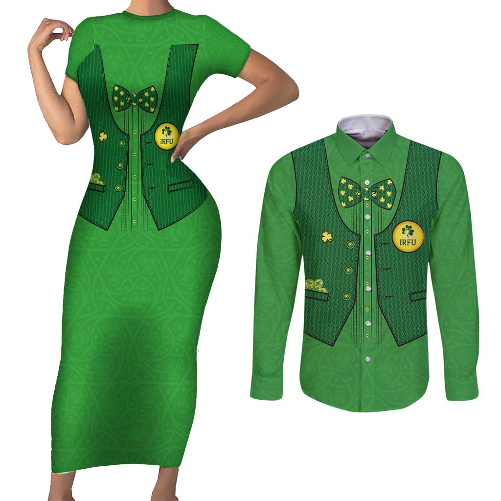 Custom Irish Rugby Couples Matching Short Sleeve Bodycon Dress and Long Sleeve Button Shirt St Patrick's Day Style - Gilet Costume