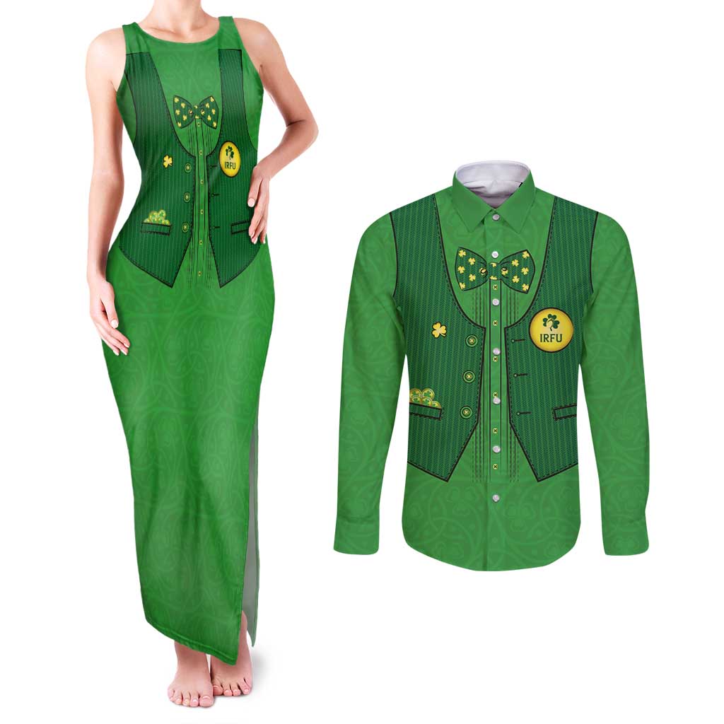 Custom Irish Rugby Couples Matching Tank Maxi Dress and Long Sleeve Button Shirt St Patrick's Day Style - Gilet Costume