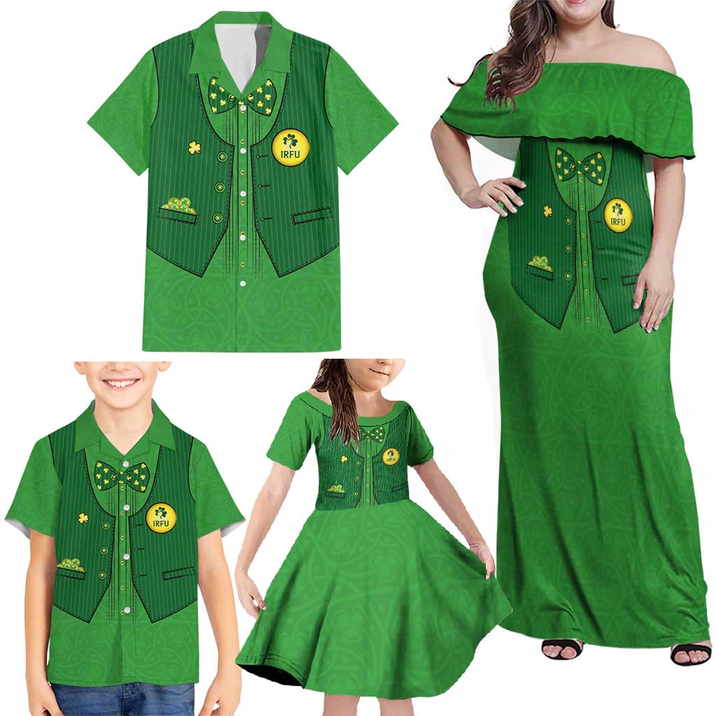 Custom Irish Rugby Family Matching Off Shoulder Maxi Dress and Hawaiian Shirt St Patrick's Day Style - Gilet Costume