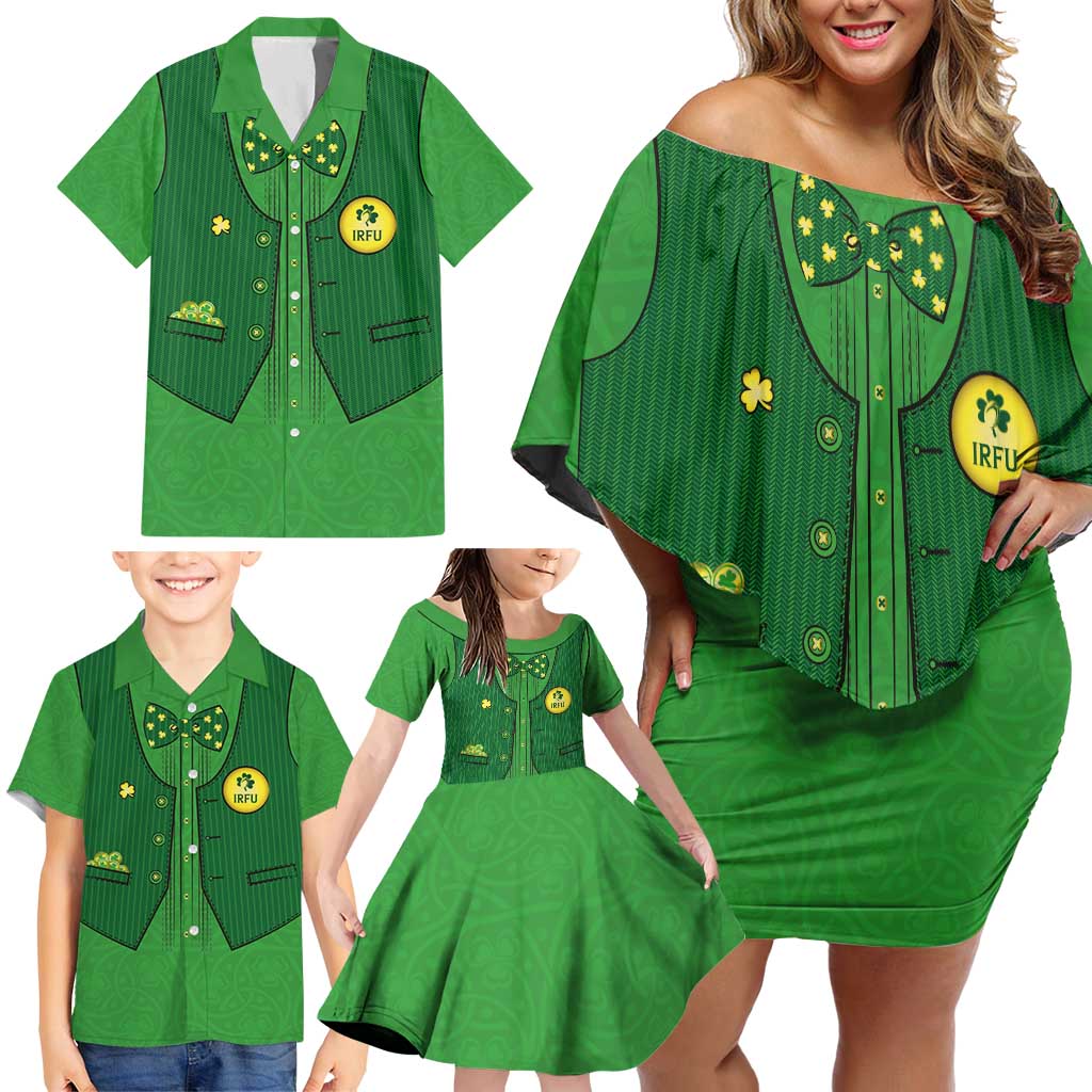 Custom Irish Rugby Family Matching Off Shoulder Short Dress and Hawaiian Shirt St Patrick's Day Style - Gilet Costume