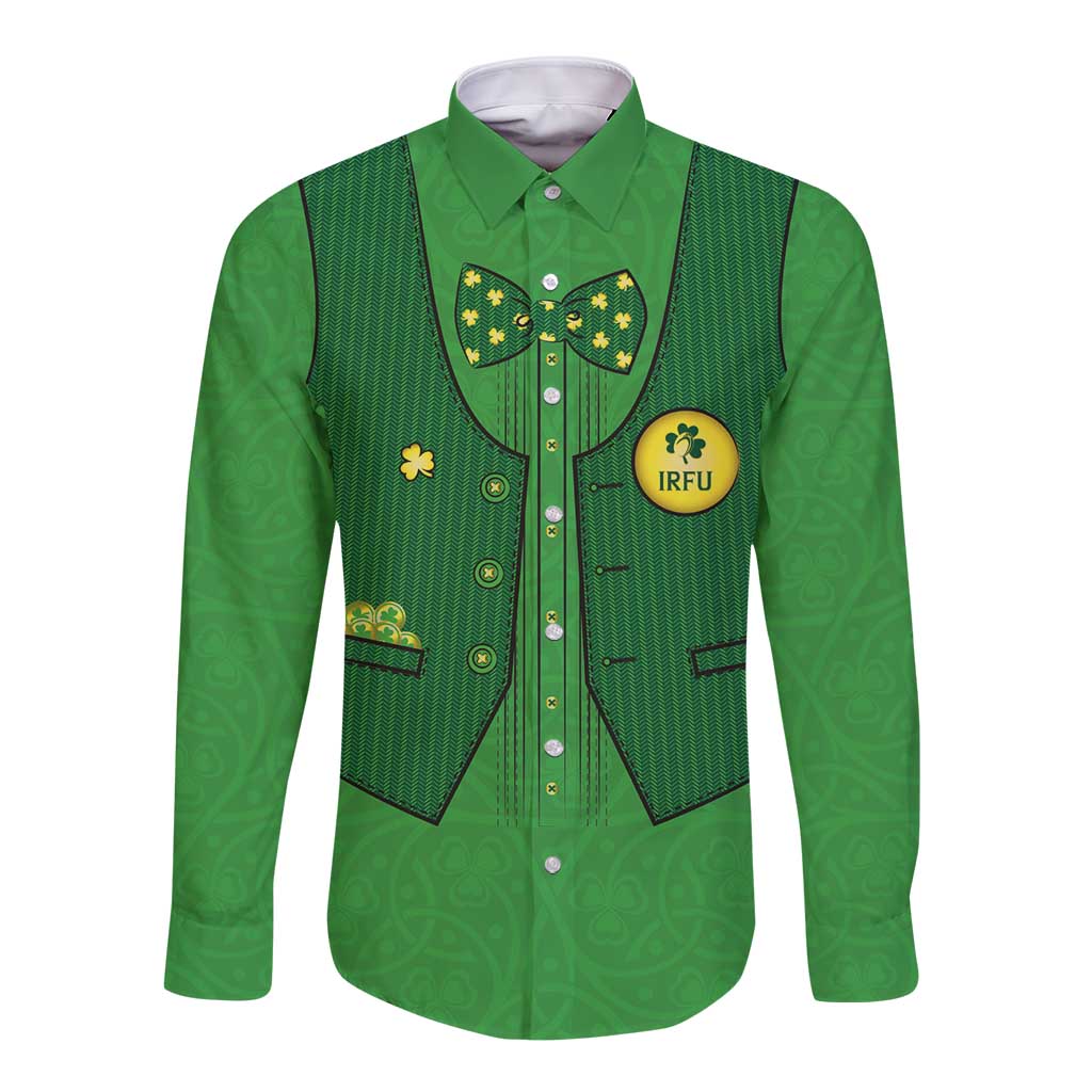 Green long sleeve rugby button shirt with printed vest, shamrock, and IRFU logo