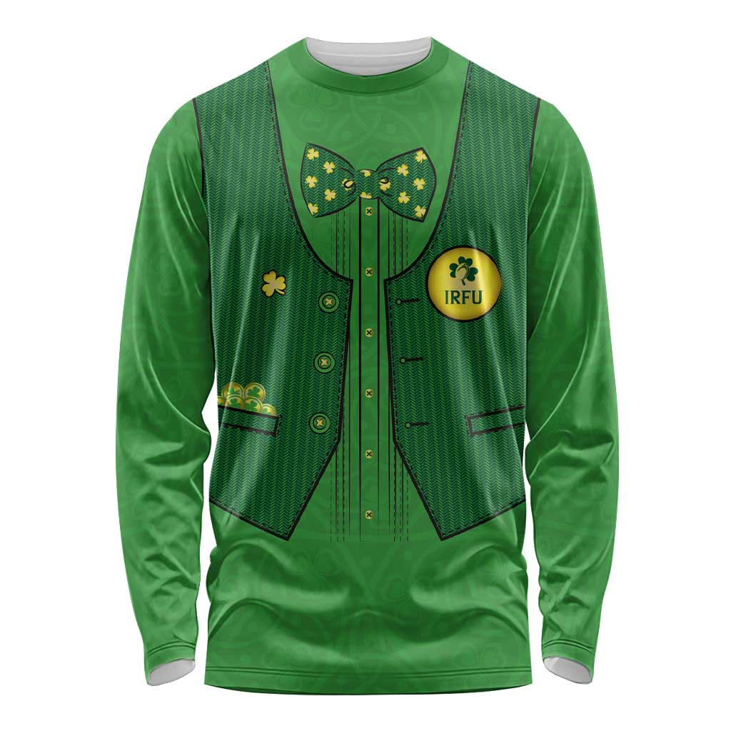 Green long-sleeve rugby shirt with faux vest graphic and IRFU round logo
