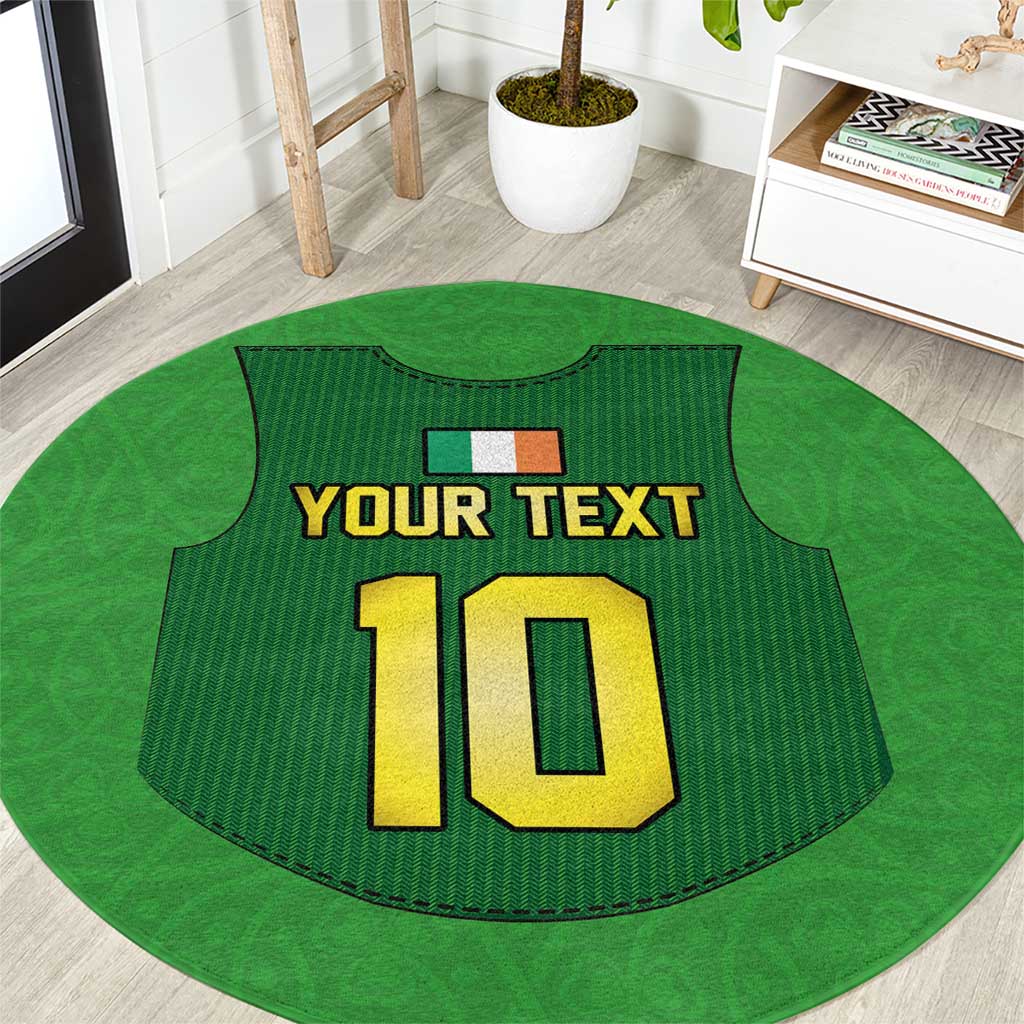 Green round rugby gilet-style rug with 'YOUR TEXT' and a large yellow '10' print.