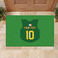 Green rubber rugby doormat with dark jersey graphic, 'YOUR TEXT' and number 10