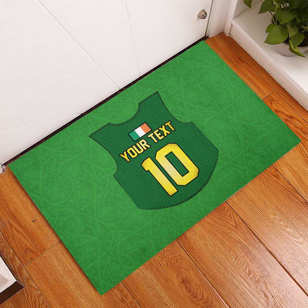 Green rubber rugby doormat with centered jersey design showing 'YOUR TEXT' and 10