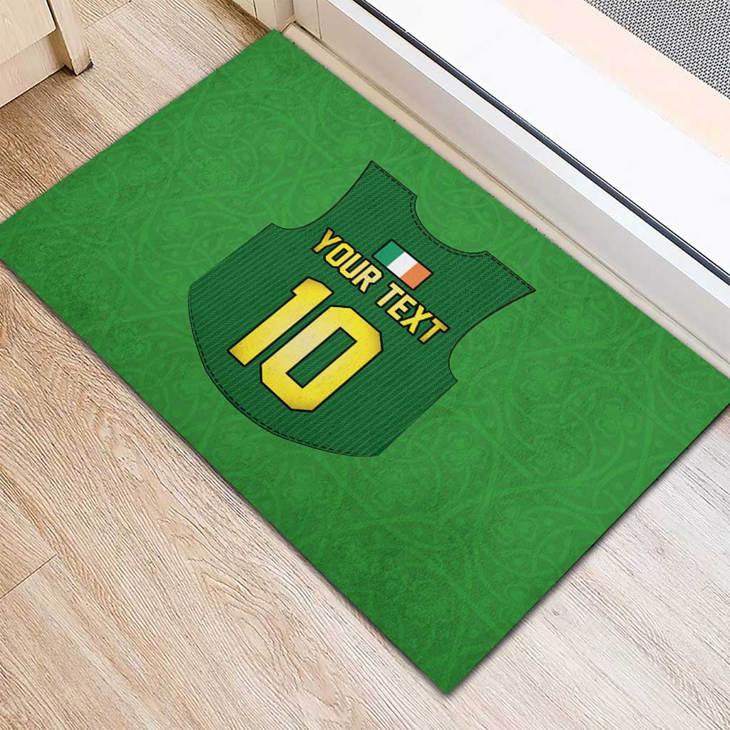 Green rubber rugby doormat featuring jersey badge with 'YOUR TEXT' and large 10 print
