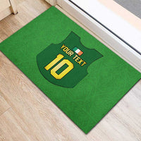 Green rubber rugby doormat featuring jersey badge with 'YOUR TEXT' and large 10 print
