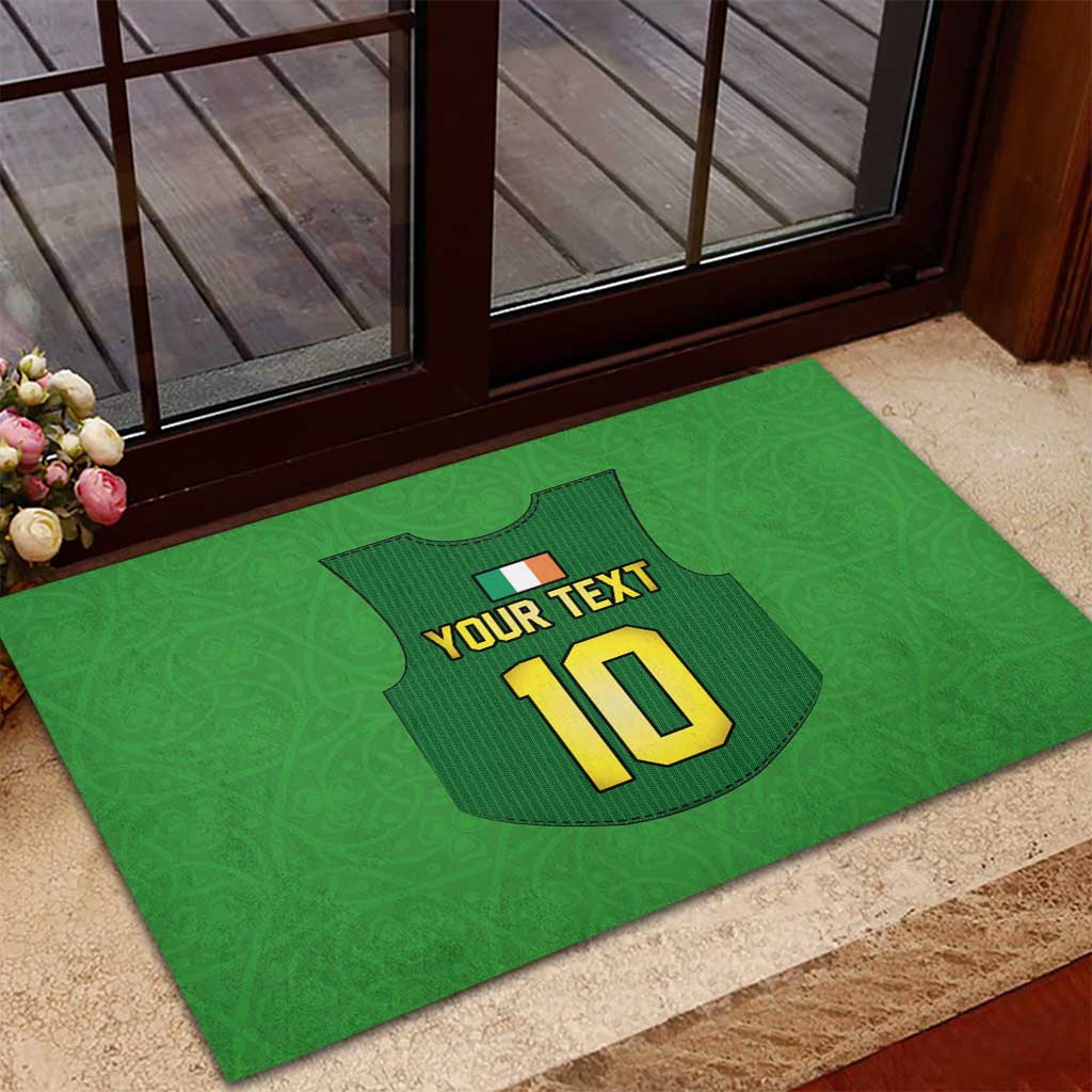 Green rubber rugby doormat with jersey emblem and 'YOUR TEXT' over number 10