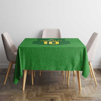 Green tablecloth with rugby-style gilet number graphic, shown on dining table