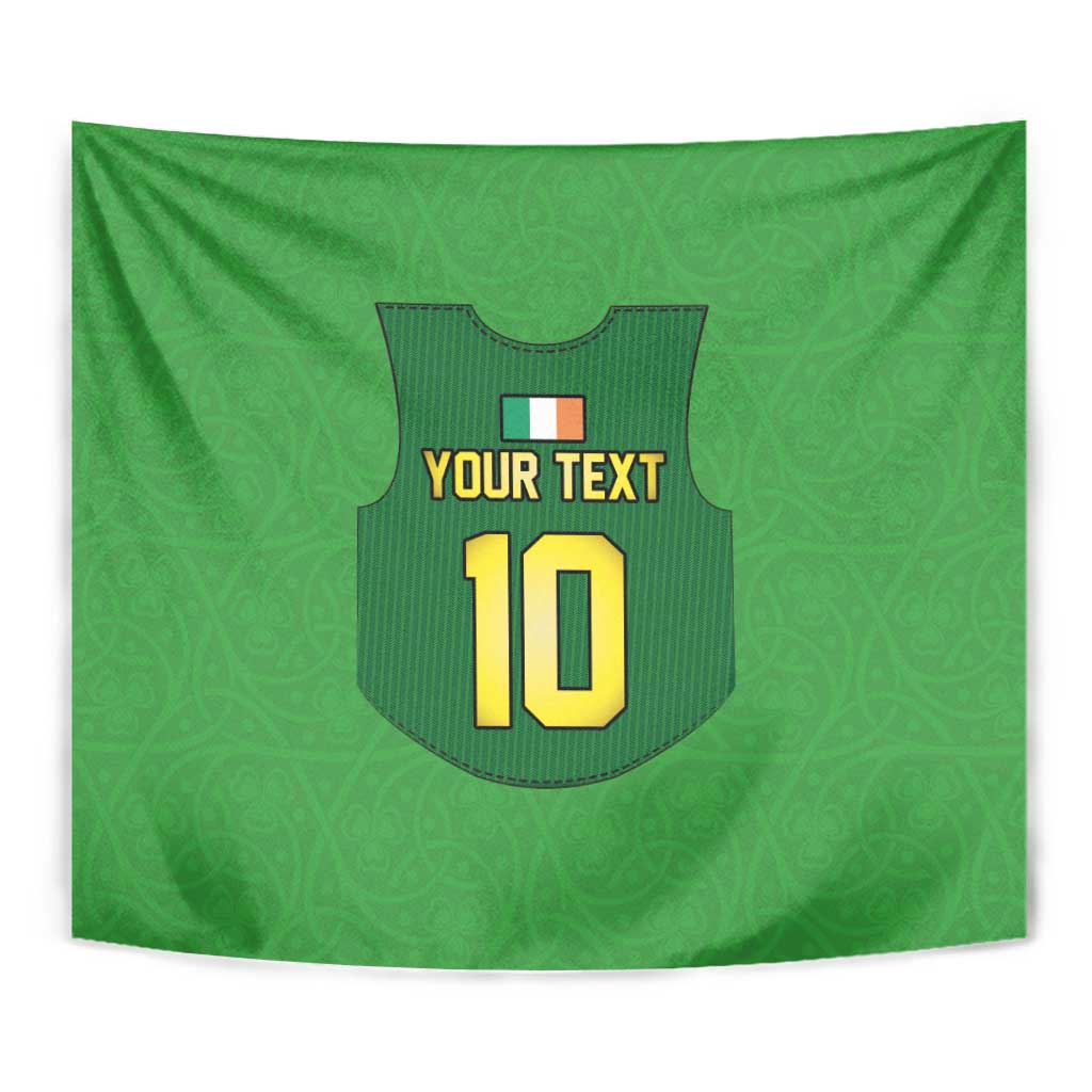 Green rugby gilet tapestry close-up: 'YOUR TEXT' and number 10 on dark jersey