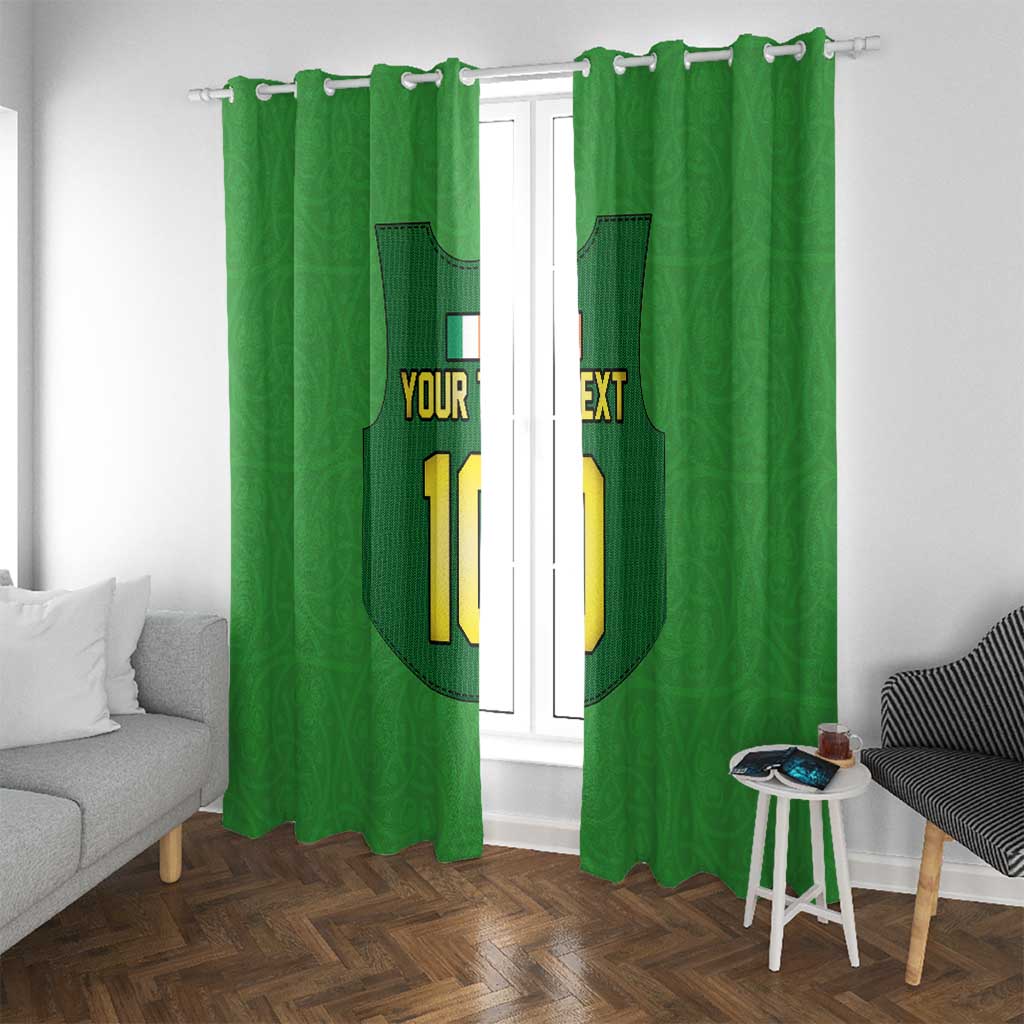 Green curtain panels with jersey graphic, custom text, and large yellow number 10