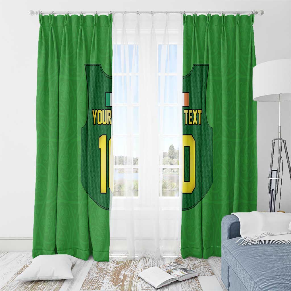 Green window curtain set with jersey artwork, custom text, and yellow number 10 on panels