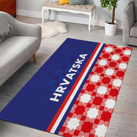 Navy-blue and red checkered area rug with HRVATSKA lettering and white border