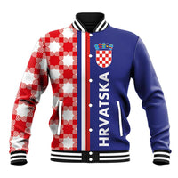 Blue baseball jacket with red/white checkered sleeves, striped rib collar and cuffs.