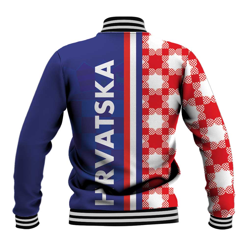 Back view blue baseball jacket with red/white checker panels and striped rib hem.