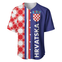 Half-style baseball jersey in blue and red with checkerboard panel and crest