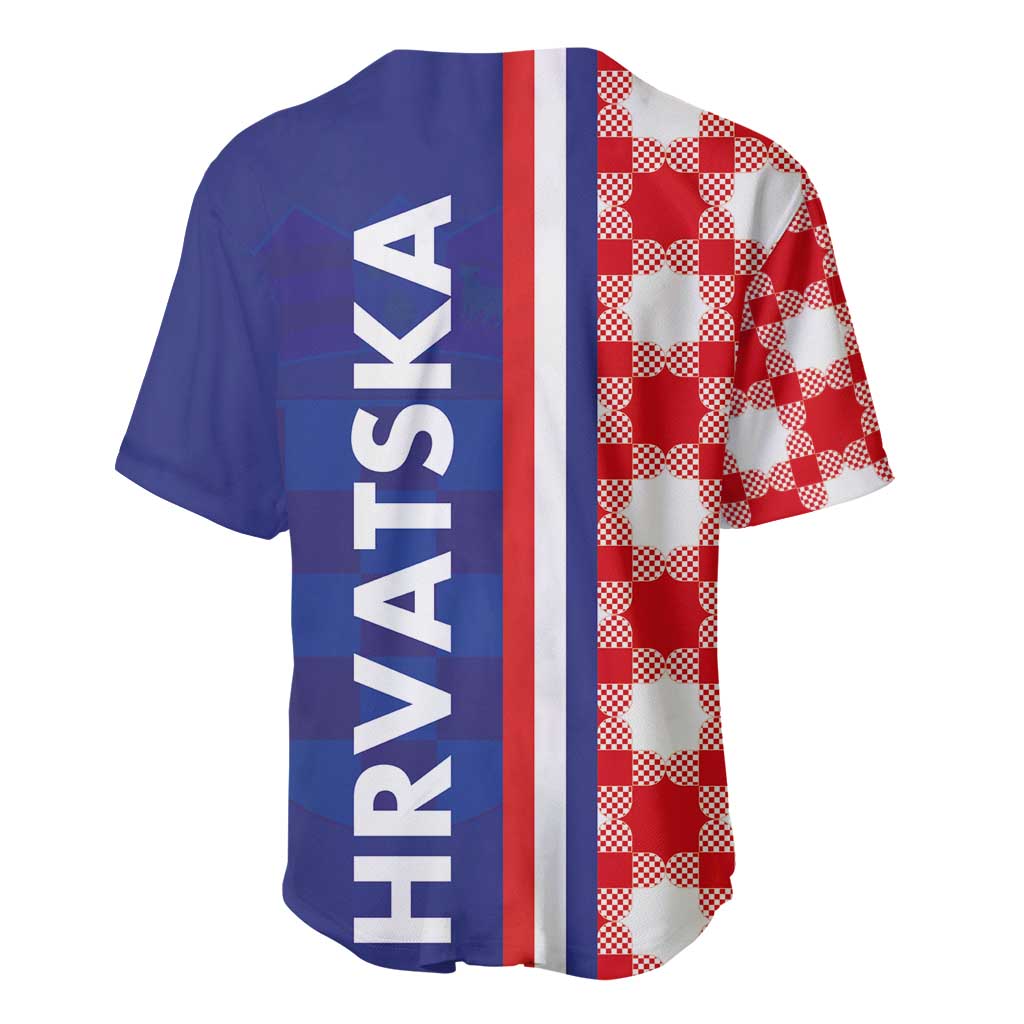 Dark blue baseball jersey with vertical stripe and red-and-white checkerboard side